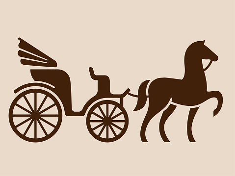 Vintage horse drawn carriage. Stylized silhouette of horse and passenger buggy. Isolated vector illustration.