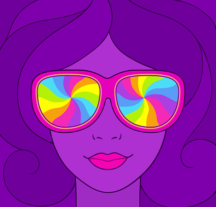Psychedelic style portrait of pretty girl in sunglasses with rainbow swirls. Groovy neon colors vintage illustration.