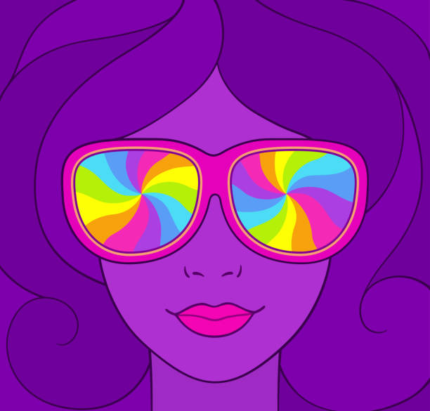 Psychedelic portrait llustration Psychedelic style portrait of pretty girl in sunglasses with rainbow swirls. Groovy neon colors vintage illustration. funky illustrations stock illustrations