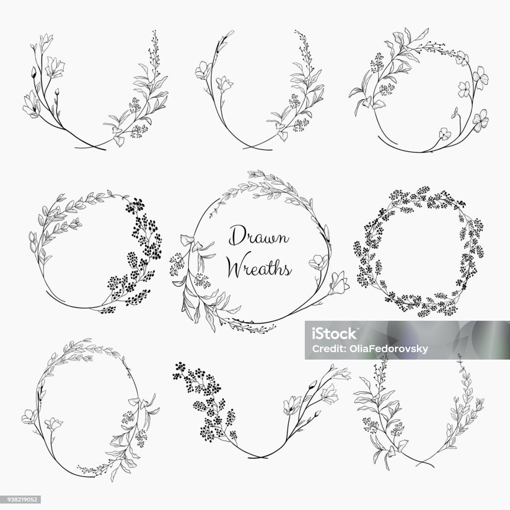 Doodle coroas com ramos, ervas, plantas e flores - Vetor de Flor royalty-free