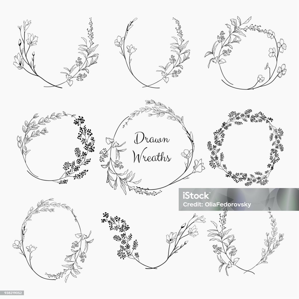 Doodle Wreaths with Branches, Herbs, Plants and Flowers Set of 9 Black Doodle Hand Drawn Decorative Outlined Wreaths with Branches, Herbs, Plants, Leaves and Flowers, Florals. Vector Illustration. Frames, Circles Flower stock vector