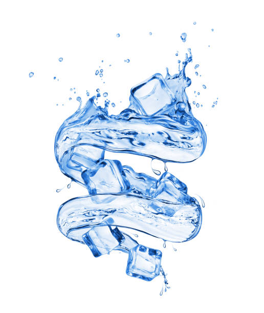 istock Ice cubes with splashes of water in a swirling shape on white background 938219696