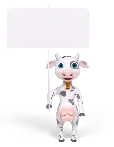 Cartoon cow with poster isolated, 3d rendering