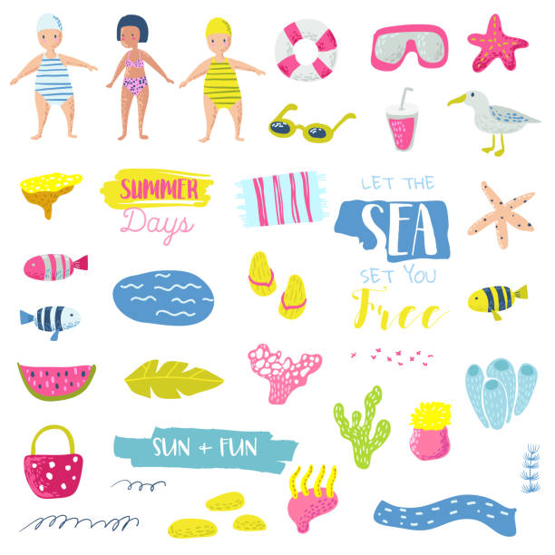 ilustrações, clipart, desenhos animados e ícones de praia de verão férias infantil elementos definidos com crianças, peixes e aves. bonita decoração com criaturas do mar para tecido, decoração, papel de parede, papel de embrulho. ilustração vetorial - fun tourist resort beach group of people