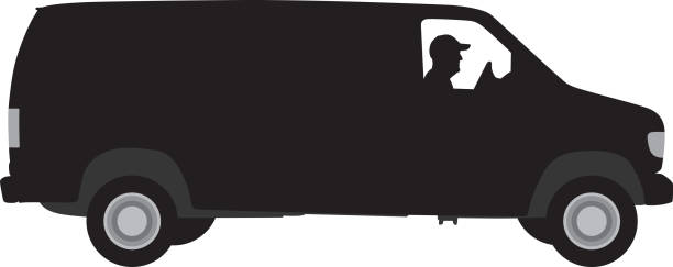 ilustrações de stock, clip art, desenhos animados e ícones de man driving van silhouette - truck moving van white backgrounds