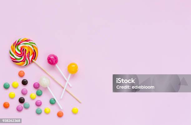 Flat Lay Of Candy Isolated Stock Photo - Download Image Now - Candy, Lollipop, Sugar - Food