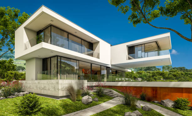 istock 3d rendering of modern cozy house by the river 938272540