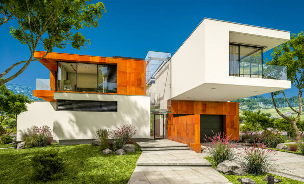 istock 3d rendering of modern cozy house by the river 938272734