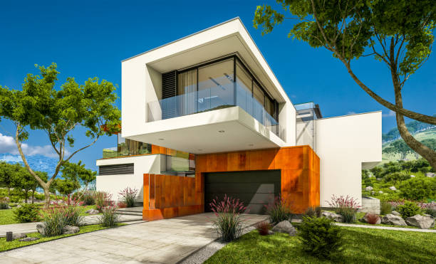 istock 3d rendering of modern cozy house by the river 938272738