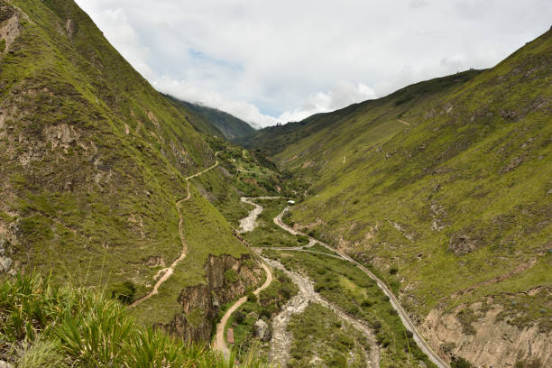 The views from the Devil's Nose Train (El Nariz del Diablo) that runs through the Andes Mountains near Cuenca, Ecuador are spectacular.  The tracks are unique in the world.  Construction was very difficult as the terrain is very steep. There is a common tour on the train that runs from Alausi to the station at Sibambe and back again.