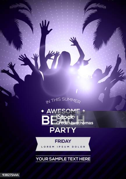 Dancing Young People Silhouettes On Summer Beach Party Flyer Template Vector Design Stock Illustration - Download Image Now