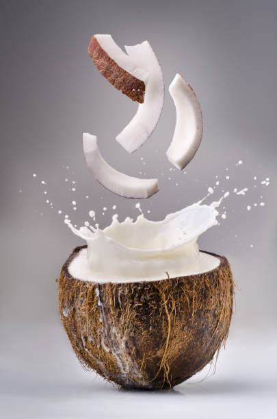 milk in the coconut with splash pieces of coconut falling into a coconut-filled half of milk generating a big splash coconut milk photos stock pictures, royalty-free photos & images