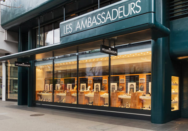 Windows of the Les Ambassadeurs store on Bahnhofstrasse street in Zurich stock photo