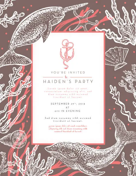Vector illustration of Nautical themed invitation design template with narwhal whale, algae and sea shells