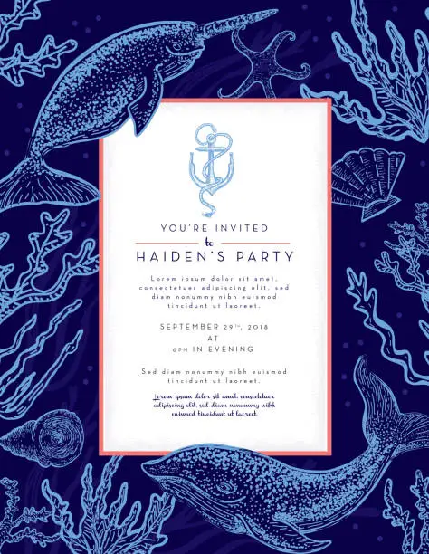 Vector illustration of Nautical themed invitation design template with narwhal whale, algae and sea shells
