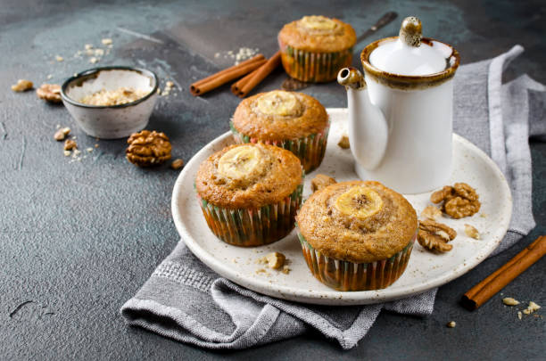 istock Banana muffins with cinnamon on a concrete background 938284010