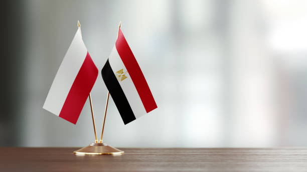 istock Polish And Egyptian Flag Pair On A Desk Over Defocused Background 938285350
