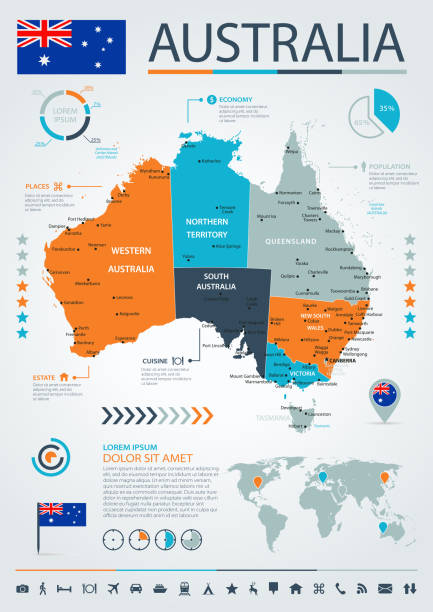 12 - Australia - Blue-Orange Infographic 10 Map of Australia - Infographic Vector illustration brisbane stock illustrations