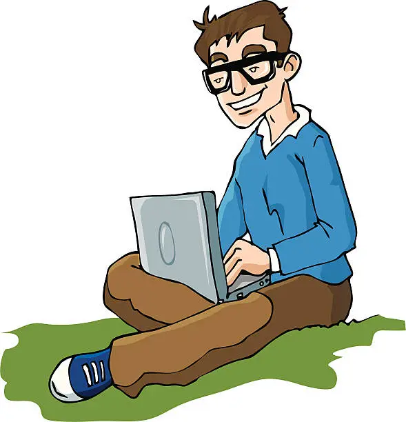 Vector illustration of Cartoon man holding a laptop on the floor with crossed legs