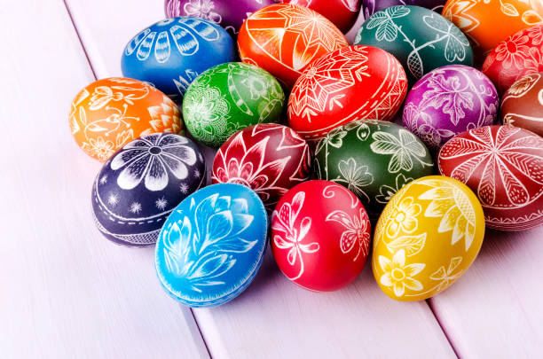 istock colorful scratched handmade Easter eggs on a wooden table 938288706