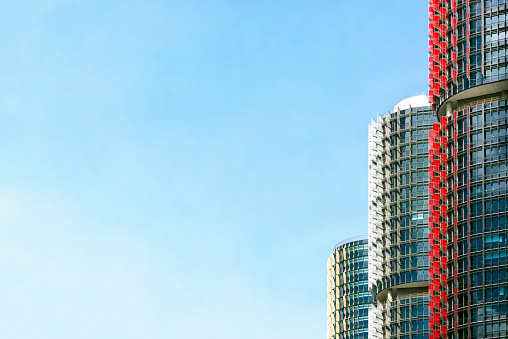 Contemporary skyscrapers, Barangaroo, Sydney Australia, sky background with copy space, full frame horizontal composition