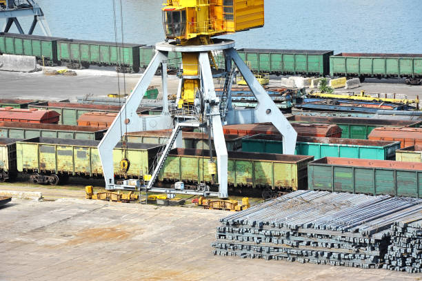 istock Port cargo crane, train and metal 938299478