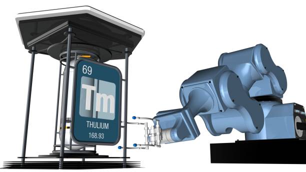 istock Thulium symbol in square shape with metallic edge in front of a mechanical arm that will hold a chemical container. 3D render. Element number 69 of the Periodic Table of the Elements 938307166