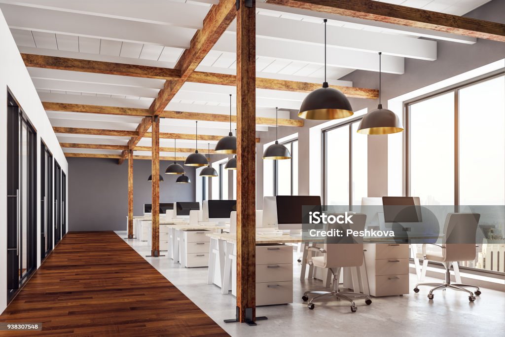 Modern coworking office Modern coworking office interior with city view, daylight and equipment. 3D Rendering Office Stock Photo