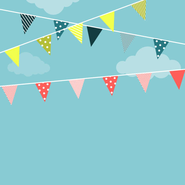 Garland flags Vector illustration Bright garlands with triangular flags with different patterns are hanging against a blue sky background Illustration in flat style bunting stock illustrations