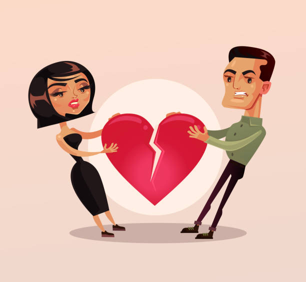 Sad unhappy couple man and woman family wife and husband character quarrel and pulling heart and broke. Relationship problems separation lovers misunderstanding Sad unhappy couple man and woman family wife and husband character quarrel and pulling heart and broke. Relationship problems separation lovers misunderstanding. Vector flat cartoon isolated illustration ex girlfriend stock illustrations