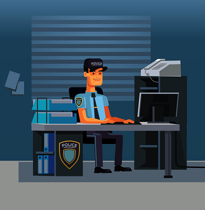 Thinking Police Officer Detective Character Worker At Computer In Office  Police Department Crime Investigation Concep Stock Illustration - Download  Image Now - iStock