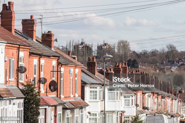Row Of Terraced House Roofs With Chimney Stacks Stock Photo - Download Image Now - Residential Building, House, England