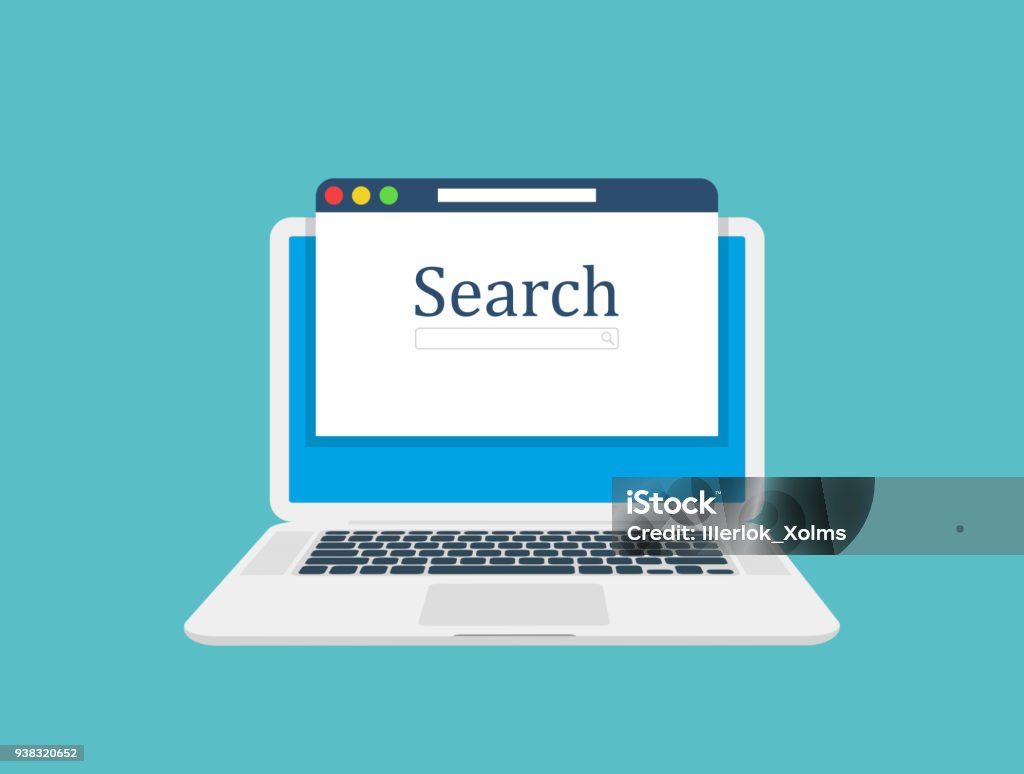 Computer laptop, browser window and ranking sites in search results of web search engine. Search engine. Flat design, vector illustration on background. Computer laptop, browser window and ranking sites in search results of web search engine. Search engine. Flat design, vector illustration on background Search Engine stock vector