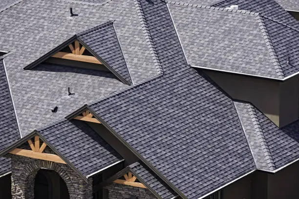Photo of Rooftop in a newly constructed subdivision showing asphalt shingles