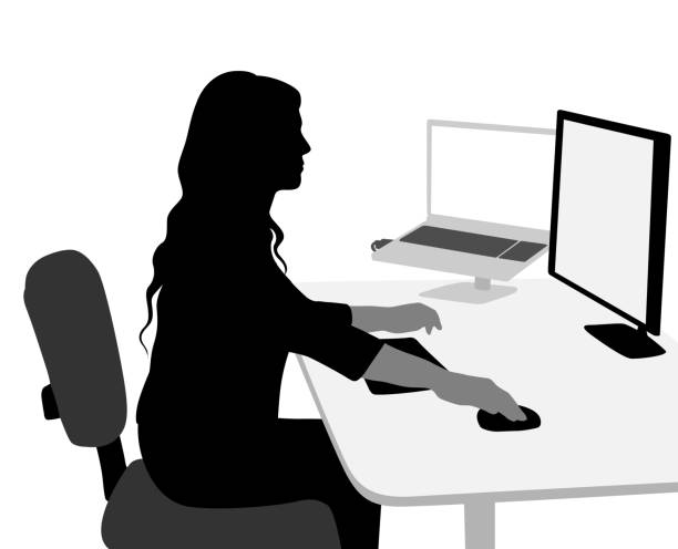 ilustraciones, imágenes clip art, dibujos animados e iconos de stock de multitalking informática - outline desk computer office