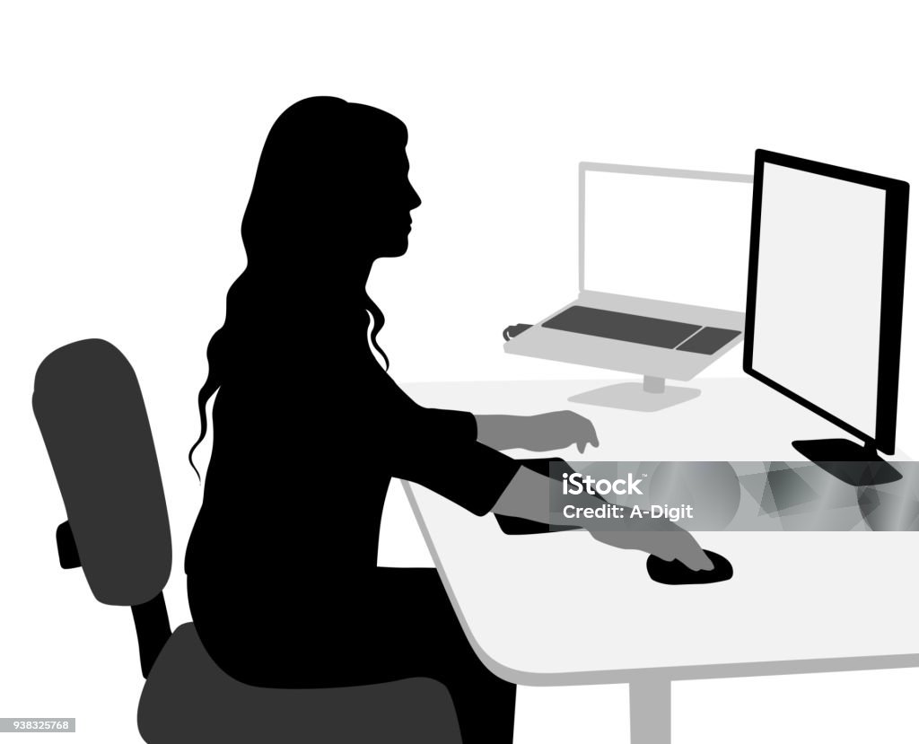 Multitalking Computer Skills Young woman worker at an office desk In Silhouette stock vector