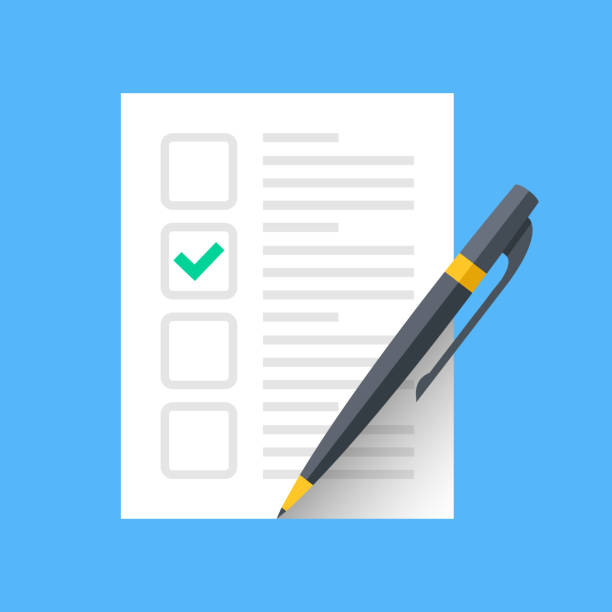 ilustraciones, imágenes clip art, dibujos animados e iconos de stock de el documento con marca de verificación verde y pluma. lista de comprobación y garrapata solo icono. marca de color verde. reclamar el formulario, llenar formulario de solicitud, encuesta, voto conceptos. elementos gráficos del plano moderno. icono de vector - papeleta para votar