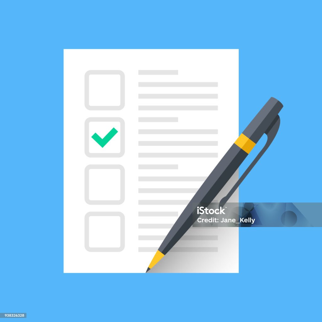 Document with green check mark and pen. Checklist and single tick icon. Green checkmark. Claim form, fill application form, survey, voting concepts. Modern flat design graphic elements. Vector icon Pen stock vector