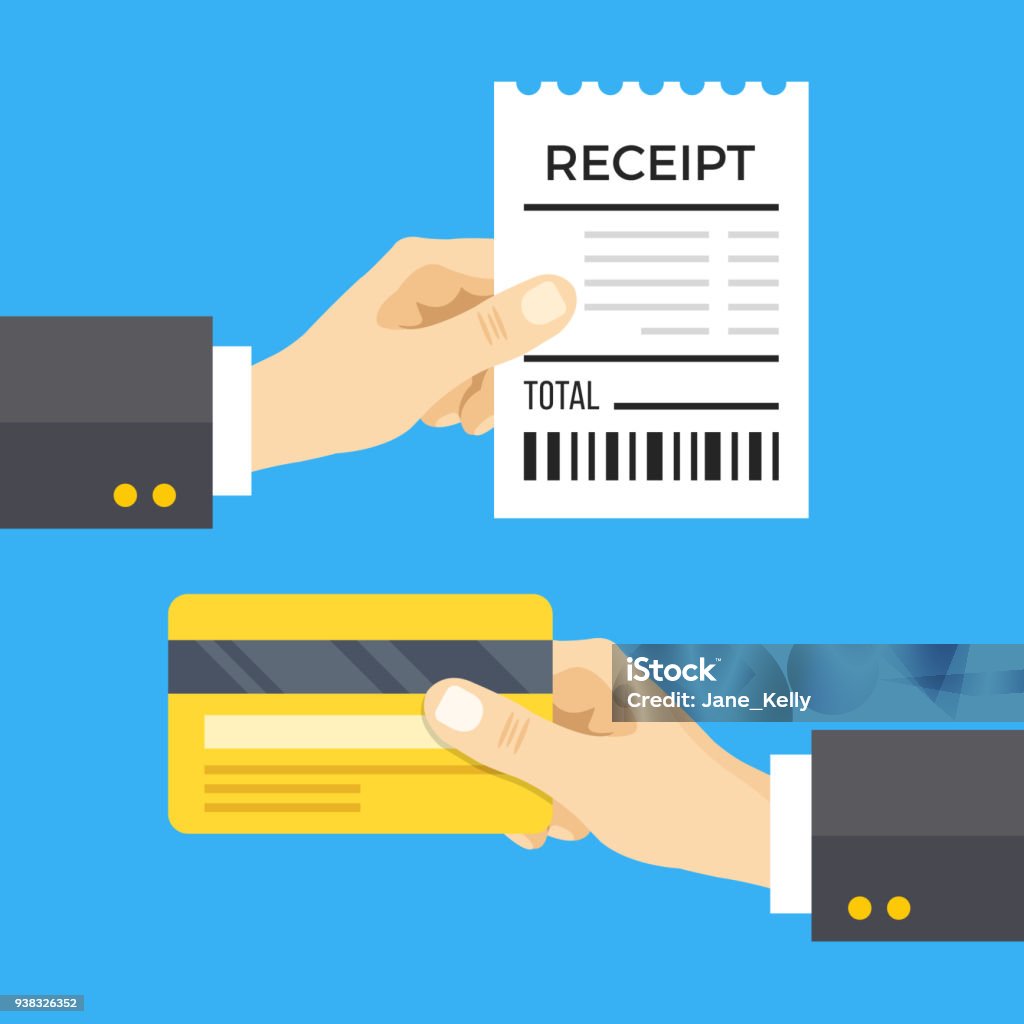 Hand holding receipt and hand holding credit card. Cashless payment concept. Flat design vector illustration isolated on blue background Credit Card stock vector