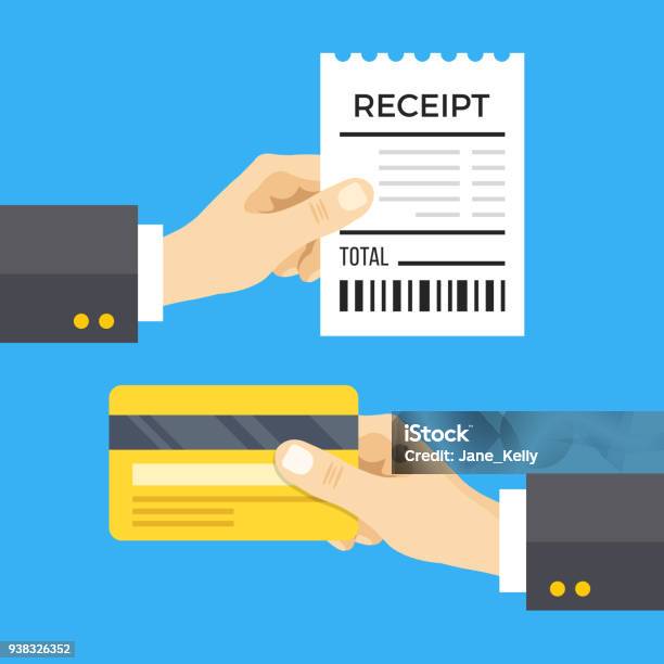 Hand Holding Receipt And Hand Holding Credit Card Cashless Payment Concept Flat Design Vector Illustration Isolated On Blue Background Stock Illustration - Download Image Now