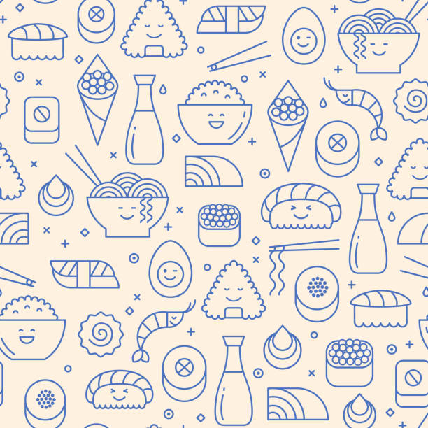 Seamless pattern with icons of Japanese food Seamless pattern of traditional Japanese cuisine like sushi, rice, rolls and fish. Blue line icons on beige background. Cute smiling faces, kawaii, line art. japanese food icon stock illustrations