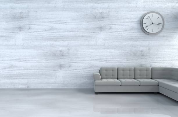 istock Grey-White living room decor with grey sofa, wall clock, white wood wall, window, grey white cement floor it is pattern, The sun shines through the window into the shadows. 3d rendering. 938333298