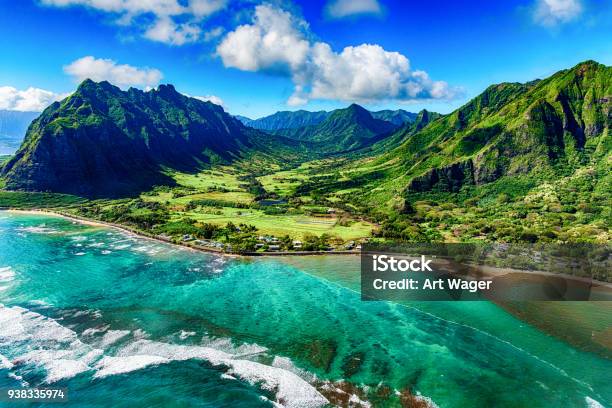 Aerial View Of Kualoa Area Of Oahu Hawaii Stock Photo - Download Image Now - Hawaii Islands, Landscape - Scenery, Beach