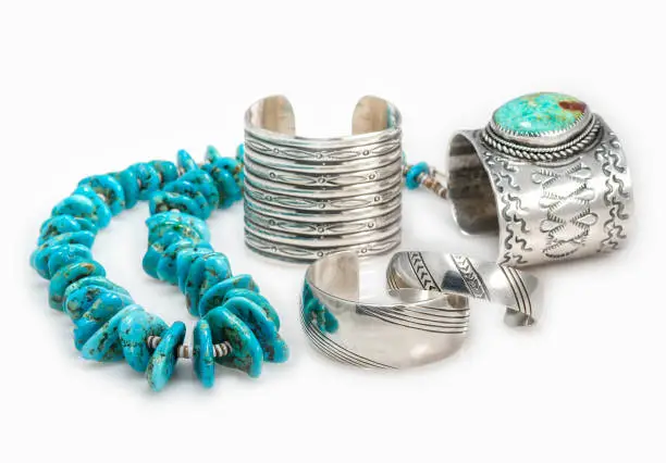 Photo of Native American Bracelets and Turquoise Necklace.