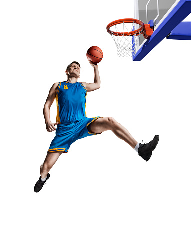 basketball playing making slam dunk isolated on white