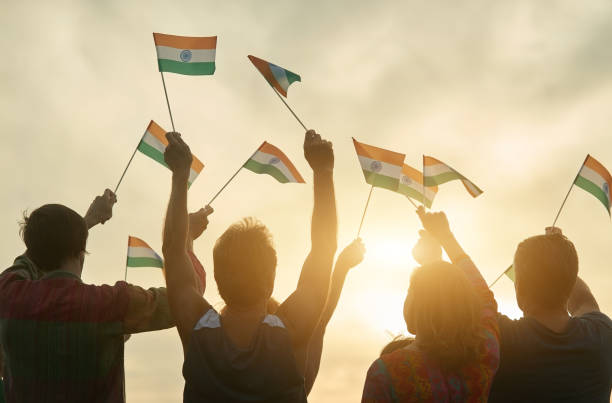 istock Peope with flags of india. 938343226