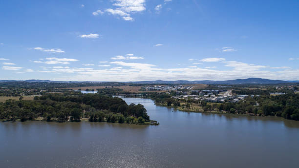 Aerial Belconnen from Lake Ginninderra High viewpoint photographed by a DJI Phantom 4pro, photographed over lake Ginninderra looking towards a bridge belconnen stock pictures, royalty-free photos & images