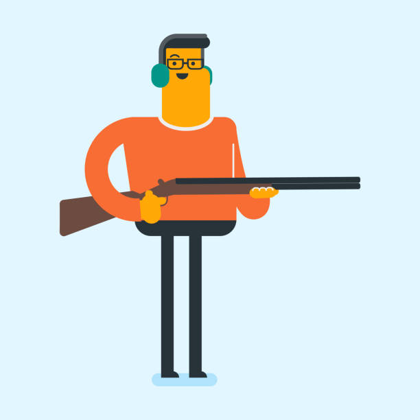 ilustrações de stock, clip art, desenhos animados e ícones de caucasian white man aiming with a rifle gun - rifle hunting shotgun gun