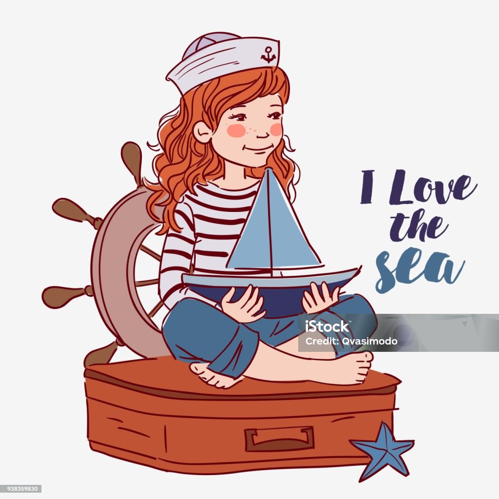 Cute girl sitting on a suitcase and playing with toy sailing boat. Travel vector concept Cute girl sitting on a suitcase and playing with toy sailing boat. Travel  vector concept 4-5 Years stock vector