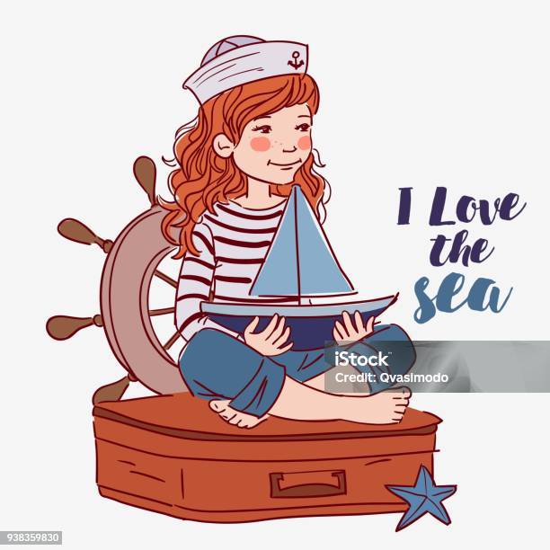 Cute Girl Sitting On A Suitcase And Playing With Toy Sailing Boat Travel Vector Concept Stock Illustration - Download Image Now